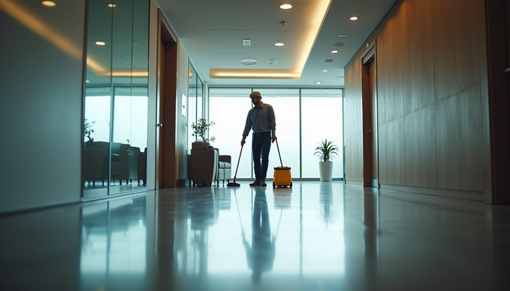 Eye-level view of a janitor cleaning a modern office lobby in the Panhandle area