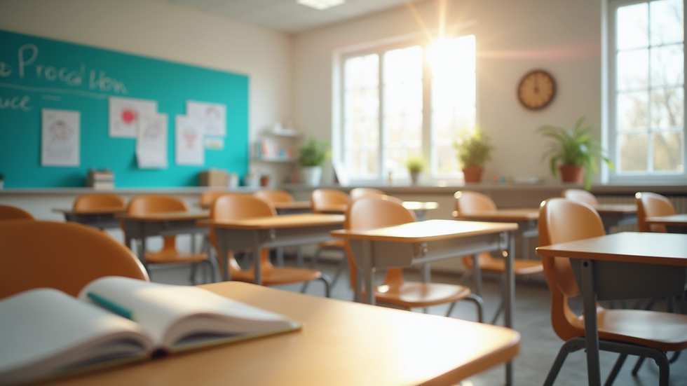 Wide angle view of a clean and organized classroom