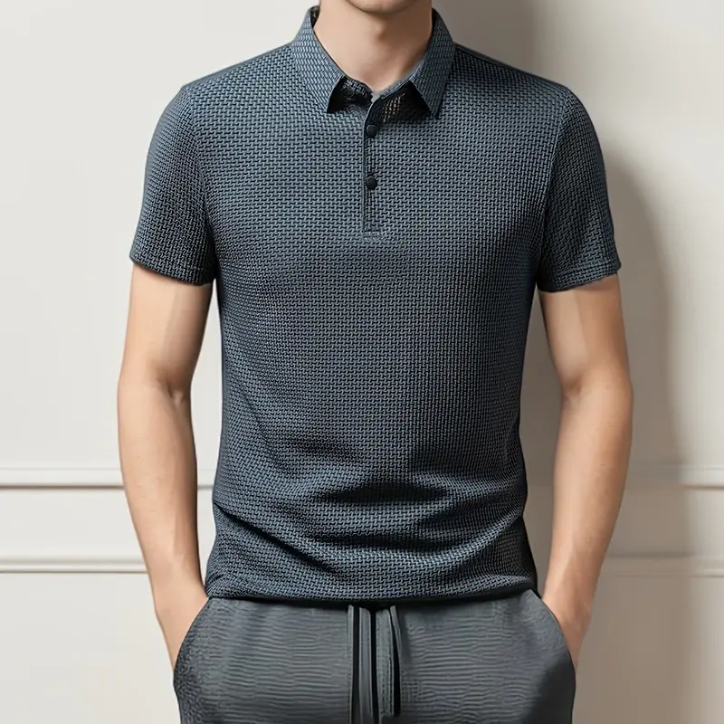 Miniatura: Nova Camisa Polo Masculina Casual Business de Manga Curta, Cor Lisa com Detalhe 