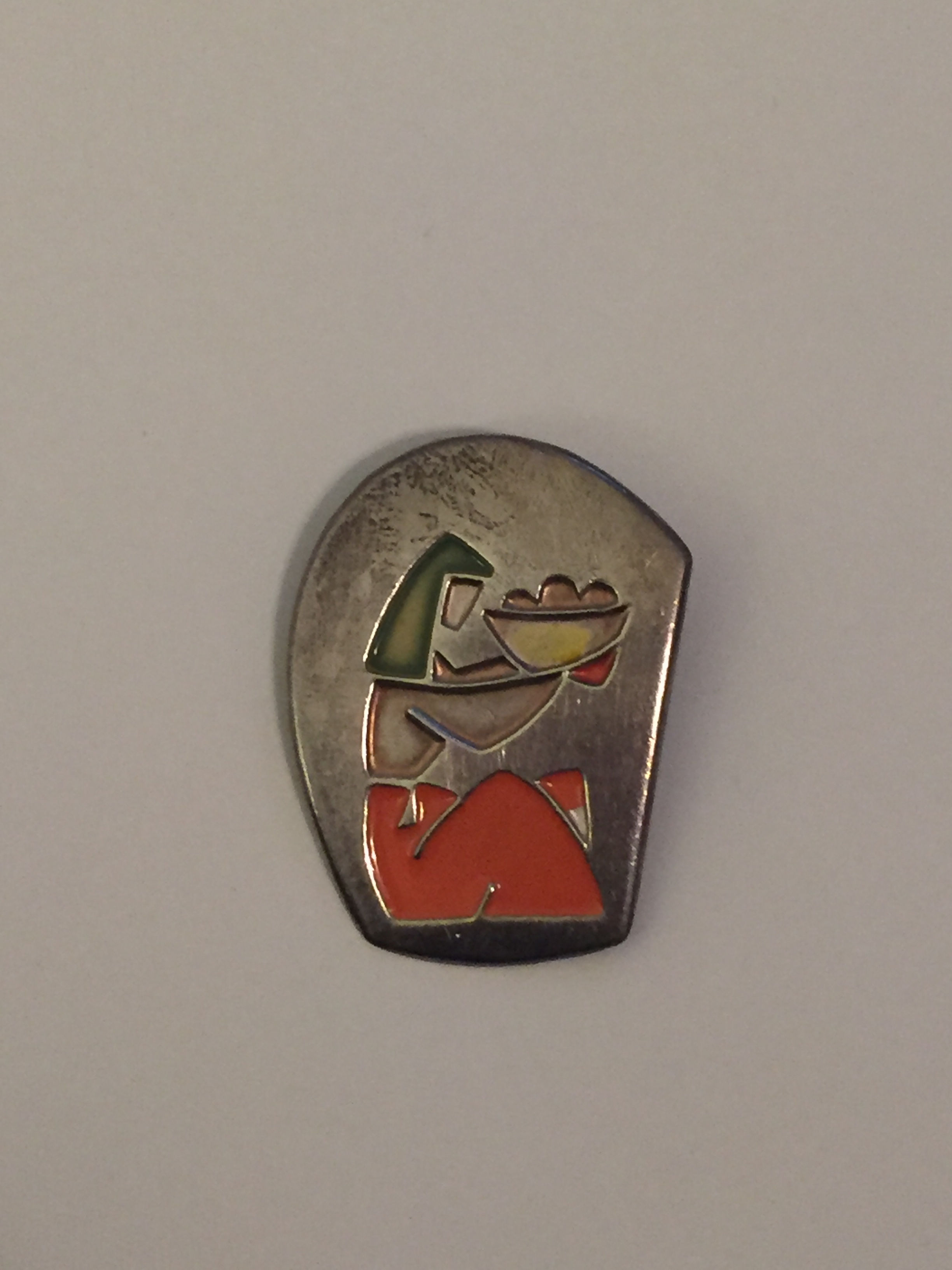 Vintage Egyptian Brooch / Silver Tone / Green, Orange, Yellow and Brown Enamel