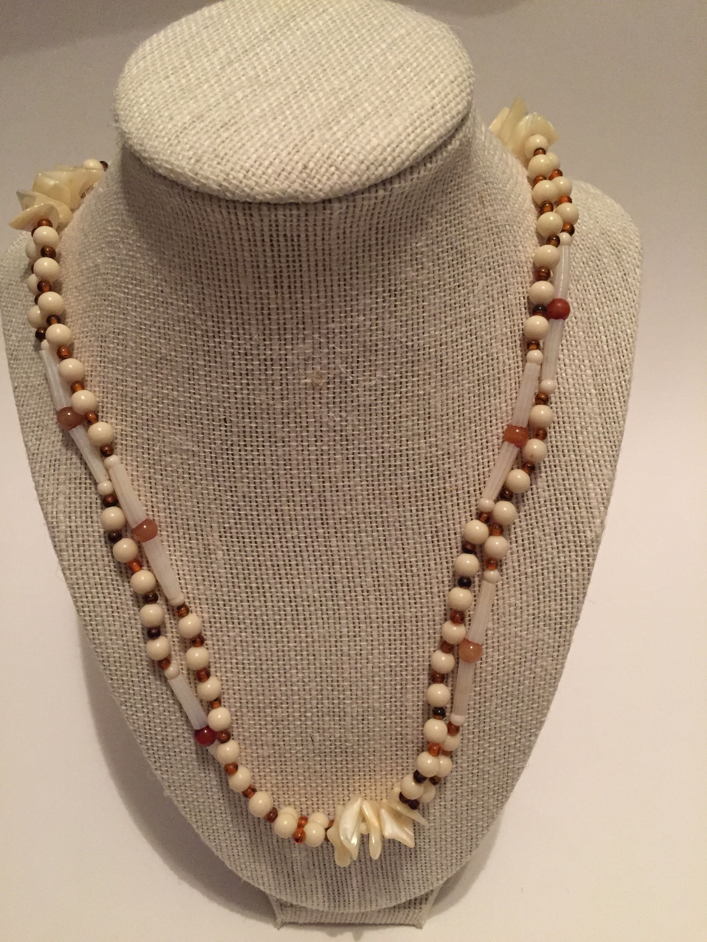 14 Inch Cream and Brown Beaded Necklace