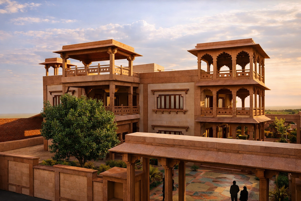 front elevation of Visagar House Jodhpur showing Rajasthani architectural elements and courtyard residence design