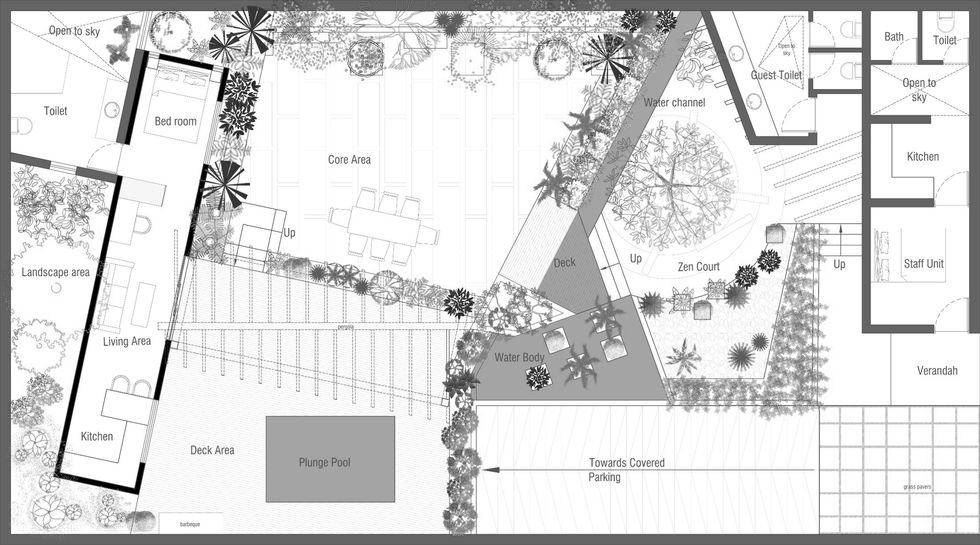 Architectural layout plan of a container house featuring living spaces, bedroom, kitchen, zen courtyard, water body, and landscaped outdoor areas.