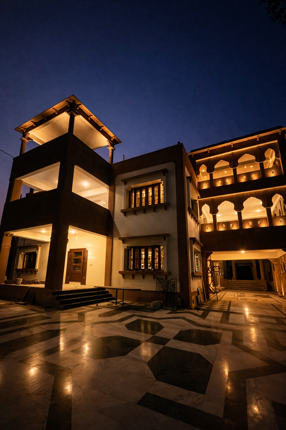 night view of Visagar House Jodhpur residence with facade lighting and courtyard house architecture