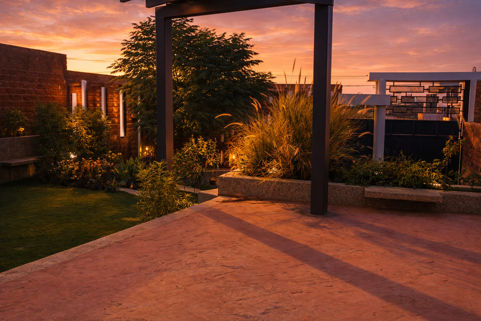 desert house design with landscape and red stone walls