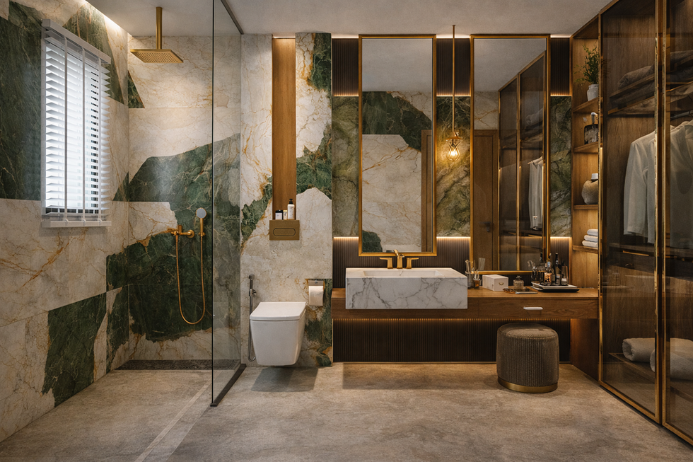 Luxury bathroom with dark marble feature wall, brass fixtures, and glass shower enclosure