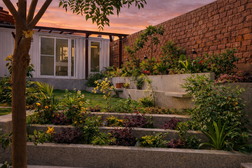 modern container home India with pergola and glass facade
