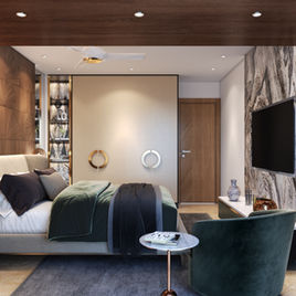 Luxury Bedroom Interior with Wooden carved bed panel with natural stone and lighting mumbai