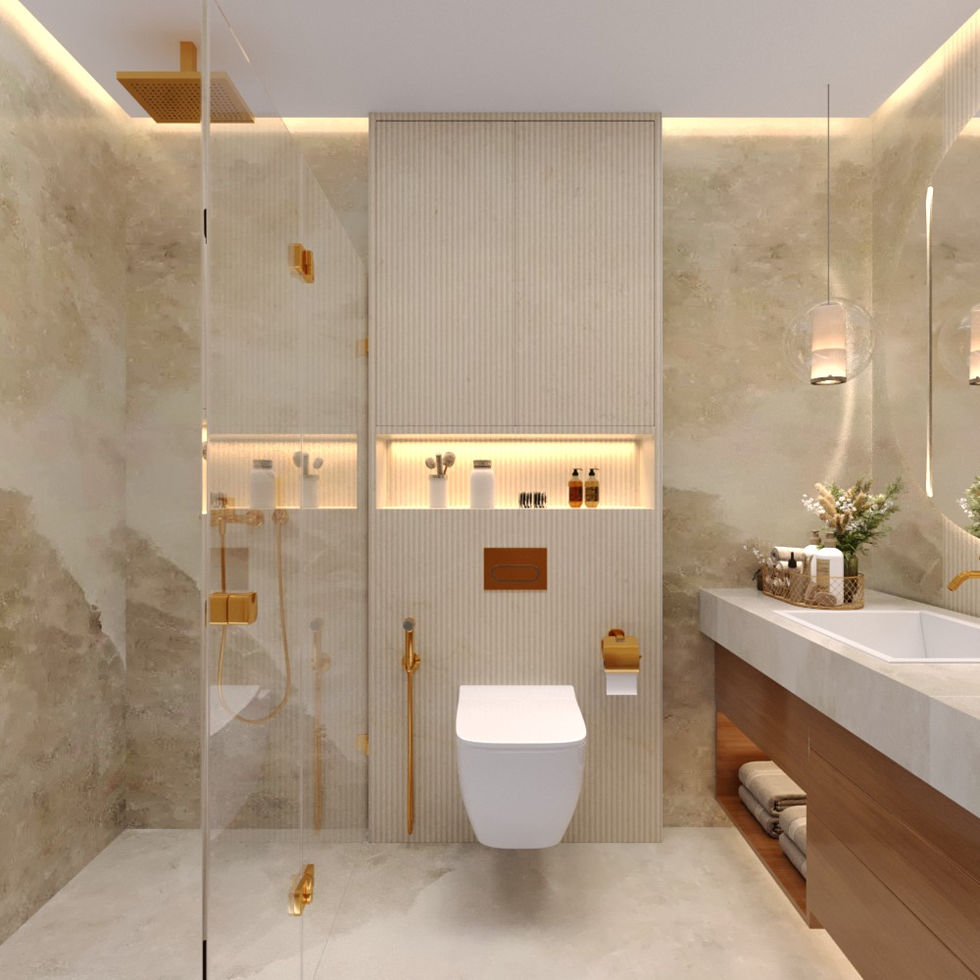 Luxury Bathroom with lit bathroom shelf and end to end counter with shower enclosure