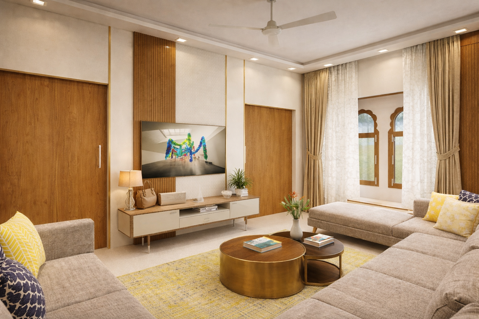 Contemporary living room with neutral tones, wooden paneling, L-shaped sofa, and a central coffee table in Jodhpur