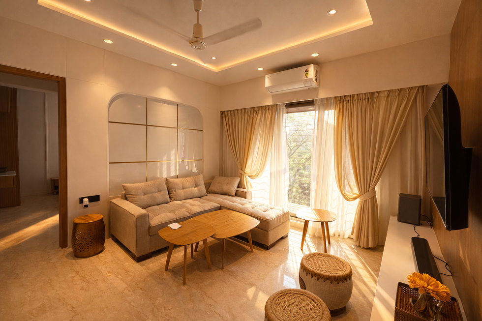 modern living room interior in Mumbai with beige sofa, wooden furniture and TV wall unit