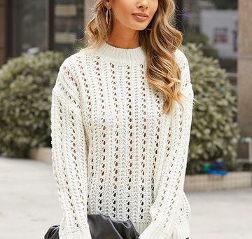 Solid Hollow Long Sleeve Crew Neck Sweater For Women