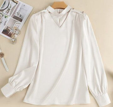 Solid Hollow Keyhole Back Long Sleeve Blouse For Women