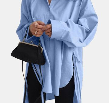 Solid Color Long Sleeve Side Slit Lace-up Irregular Shirt For Women