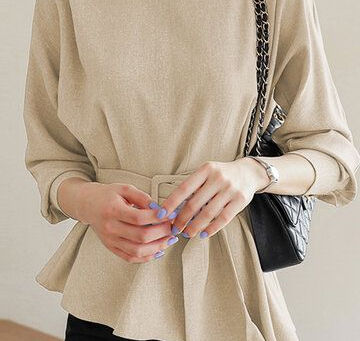 Asymmetrical Hem Solid Belt Long Sleeve Keyhole Back Blouse
