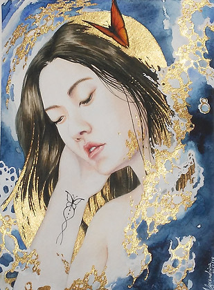 Êxtase, aquarela e purpurina dourada sob