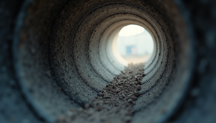 Close-up view of industrial ductwork with visible dust buildup inside