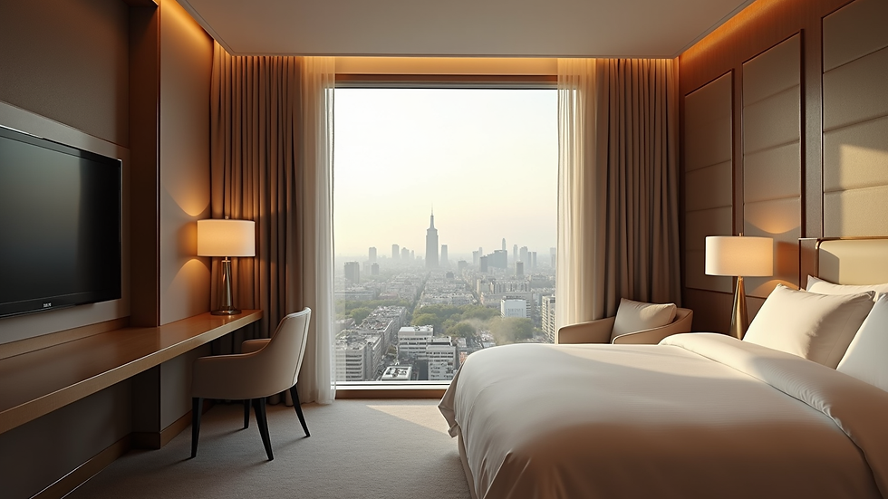 Close-up view of a luxury hotel room with elegant decor and city view