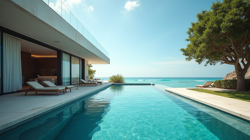 Eye-level view of a luxury beachfront villa with a private pool