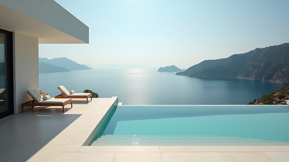 Eye-level view of a private villa terrace overlooking a calm sea