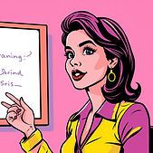 A retro pop art 1970 cartoon close up of a woman delivering training in front of a whitebo