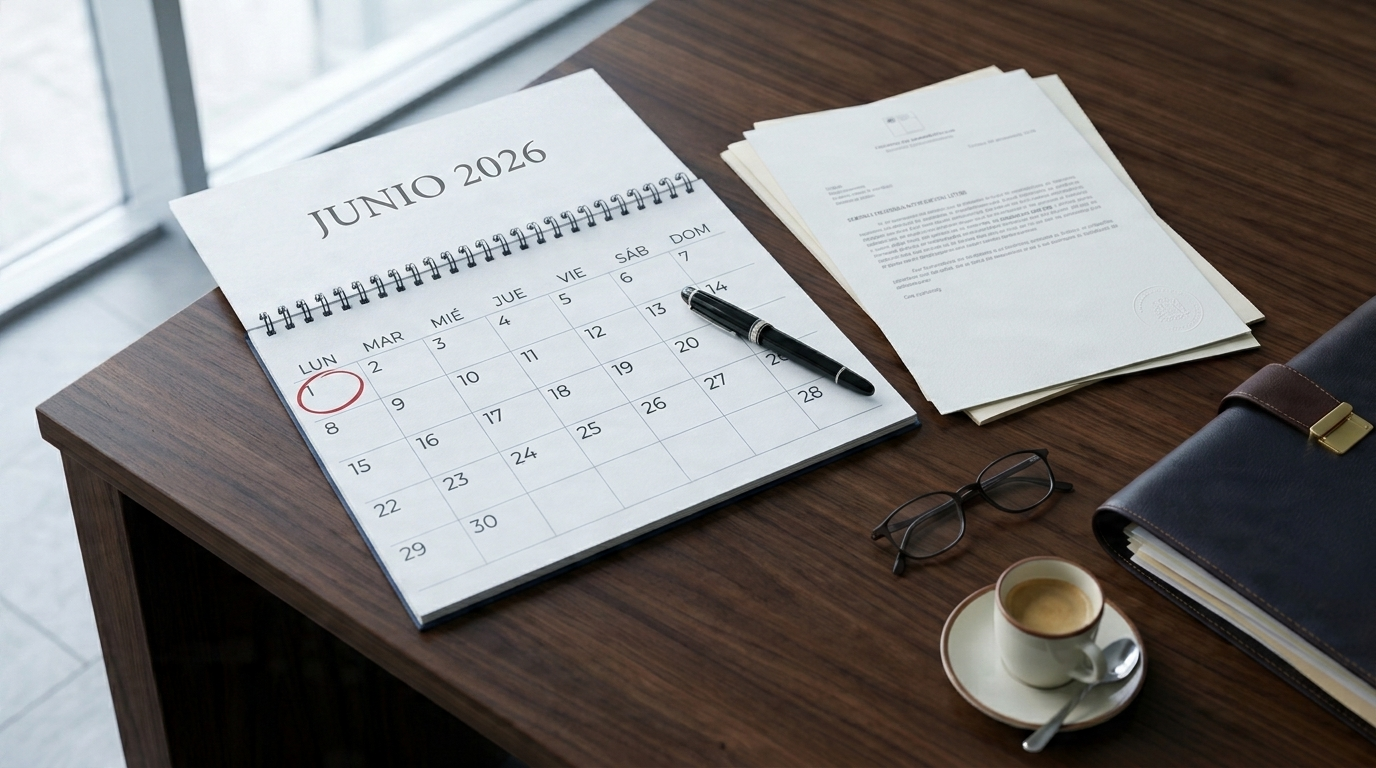 Calendario chileno junio 2026 con el 1 de junio marcado en rojo sobre escritorio ejecutivo con notificación oficial, estilo prensa económica