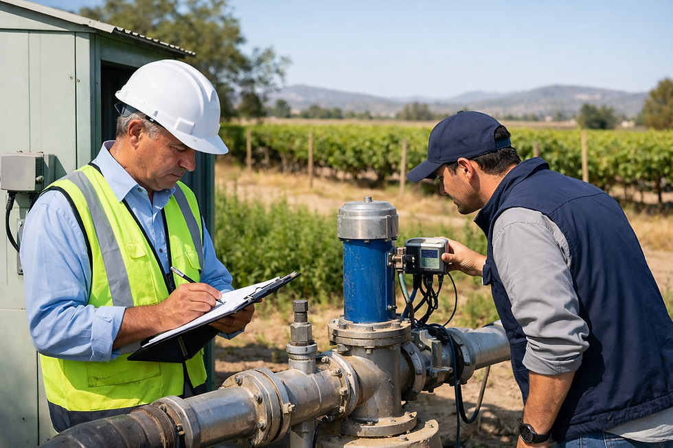 Pozo de captación de agua en zona agrícola, revisado para cumplimiento de plazos y normativa de derechos de agua en Chile.