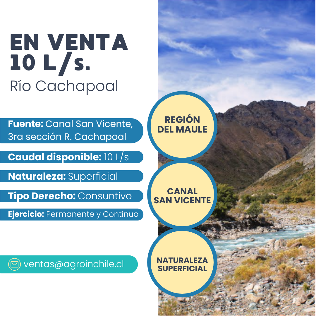 Venta de 10 L/s de agua superficial en el Canal San Vicente, Río Cachapoal, Región de O’Higgins.
