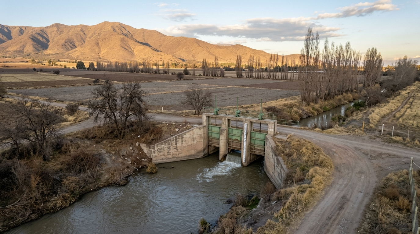 Vista aérea editorial de una bocatoma de canal de regadío chileno con compuertas de tablero y regla limnimétrica, valle agrícola y precordillera al fondo