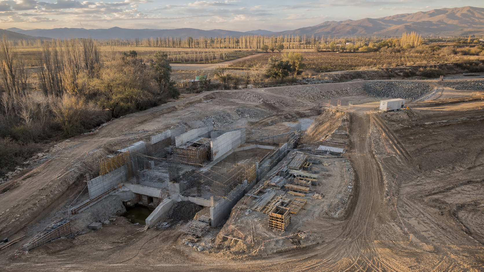 Vista editorial de un proyecto hidráulico chileno en construcción — bocatoma, canal y obras de infraestructura bajo revisión técnica DGA