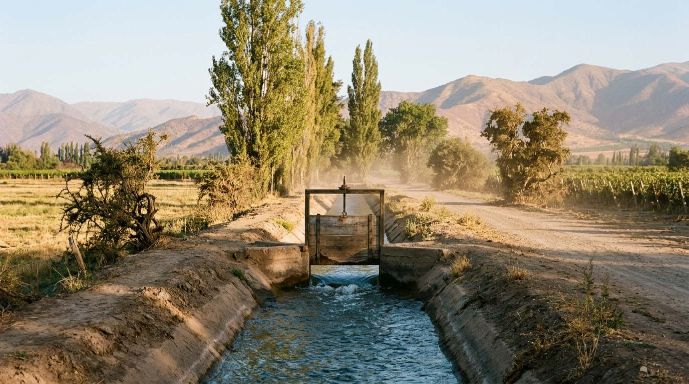 Canal de regadío chileno con compuerta de madera al atardecer en valle central