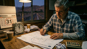 Agricultor revisando planos de derechos de agua bajo presión; sobre el escritorio destaca un calendario marcando el 31 de marzo de 2026, fecha límite para el pago de patentes por no uso en Chile.