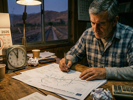 Agricultor revisando planos de derechos de agua bajo presión; sobre el escritorio destaca un calendario marcando el 31 de marzo de 2026, fecha límite para el pago de patentes por no uso en Chile.