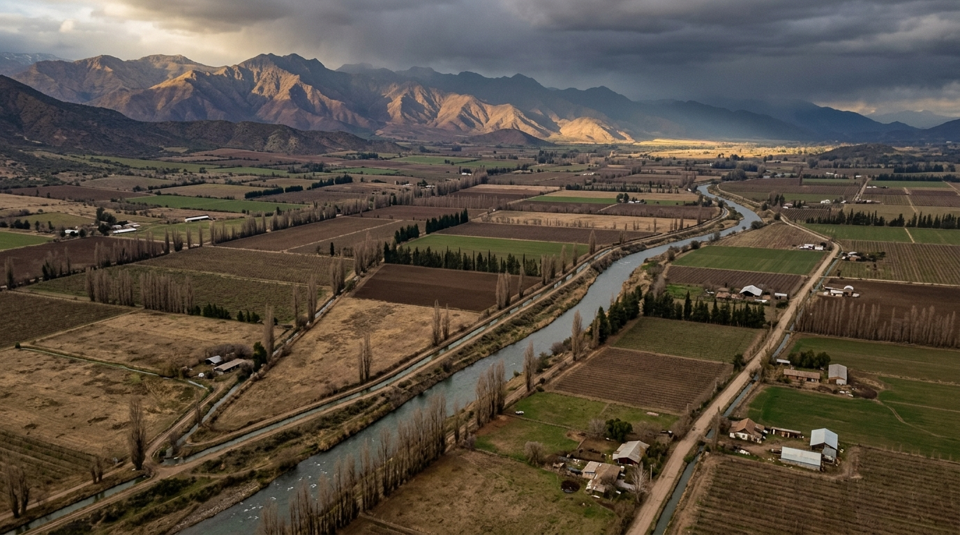 Vista aérea editorial de una cuenca agrícola chilena con frente de tormenta entrando sobre la cordillera, atmósfera de tensa quietud antes del invierno