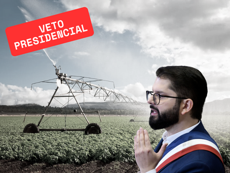 Imagen de un campo agrícola con sistema de riego tecnificado. En primer plano, aparece el Presidente de Chile con una banda presidencial, junto al texto "Veto Presidencial" en rojo, aludiendo a la reciente decisión sobre el Código de Aguas.