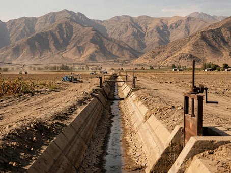 Canal de riego agrícola en Chile durante condiciones de escasez hídrica con infraestructura de gestión de agua