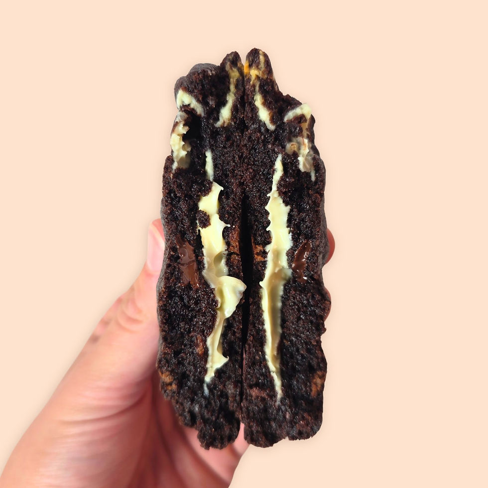 Crumb shot of chocolate cookie with white chocolate and milk chocolate chips