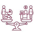 Waage mit Frau und Kinderwagen und Frau und Schreibtisch