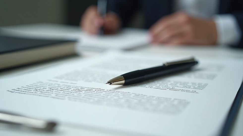 Close-up view of legal documents and a pen on a desk