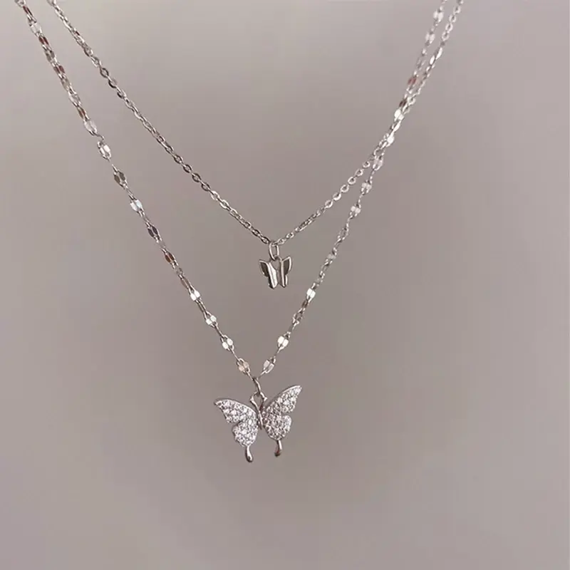 Thumbnail: LATS New Shiny Butterfly Necklace Ladies Exquisite Double Layer Clavicle Chain N