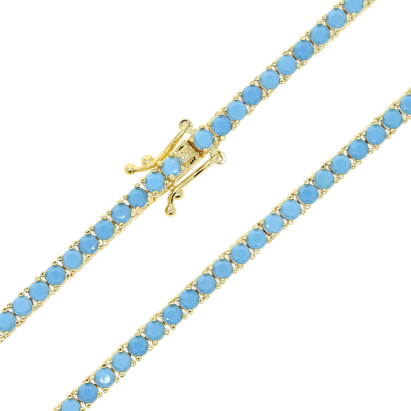 Thumbnail: 2025 New High Quality Gold Color Plated 3MM Turquoise Stone Paved Tennis Chain N