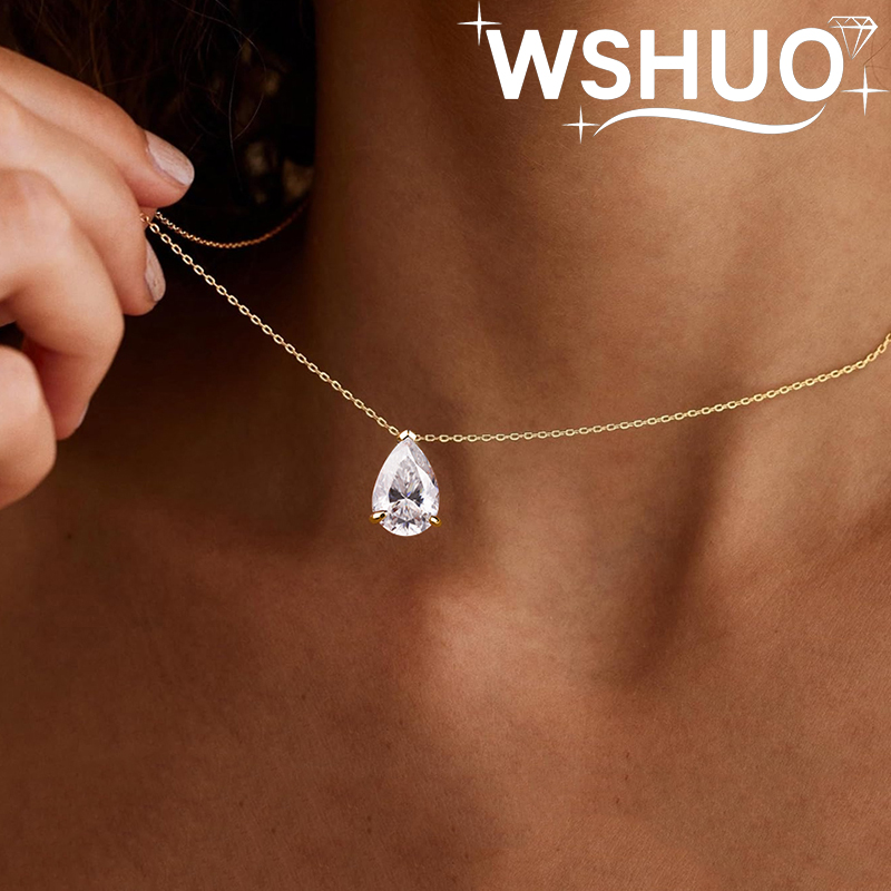 1-4CT Pear Cut D VVS1 Moissanite Necklace 100% S925 Silver 18k Gold Plated Singl