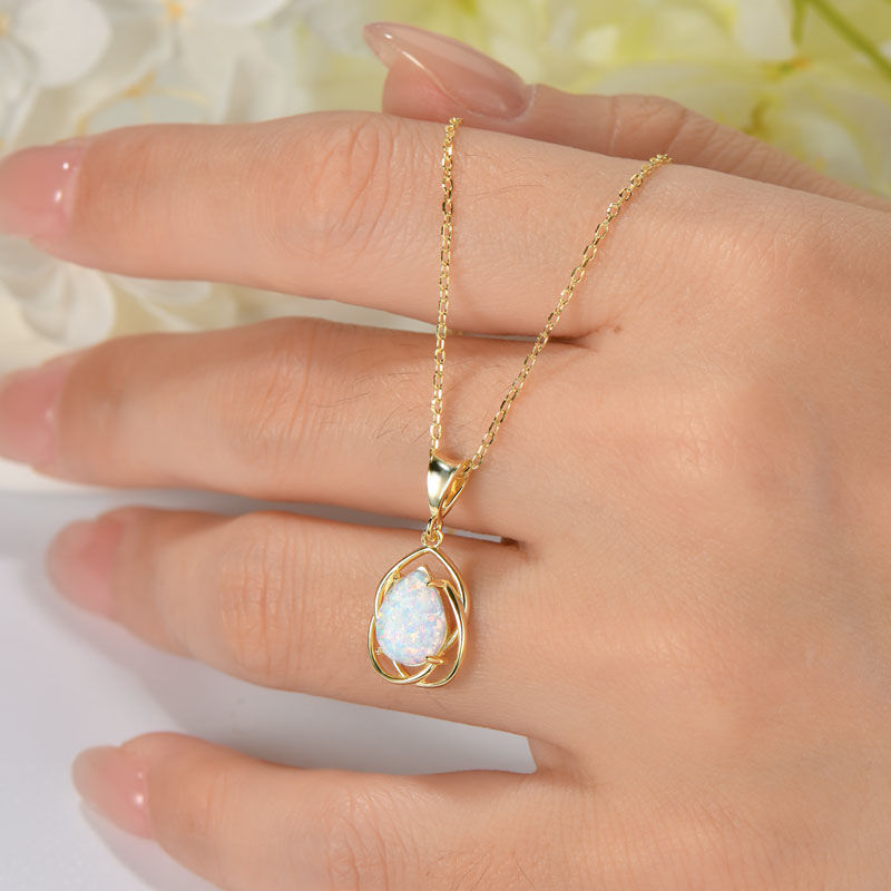 Thumbnail: IOGOU 7*10mm Pear Cut Synthetic Opal Hollow Pendant Necklace Real Silver Chain 9