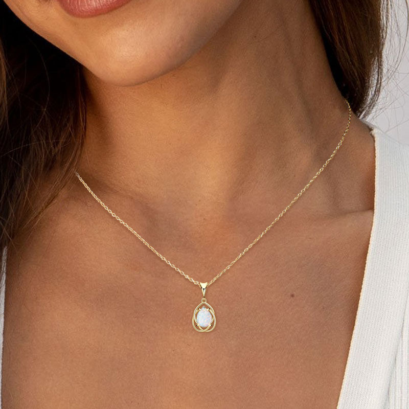 Thumbnail: IOGOU 7*10mm Pear Cut Synthetic Opal Hollow Pendant Necklace Real Silver Chain 9
