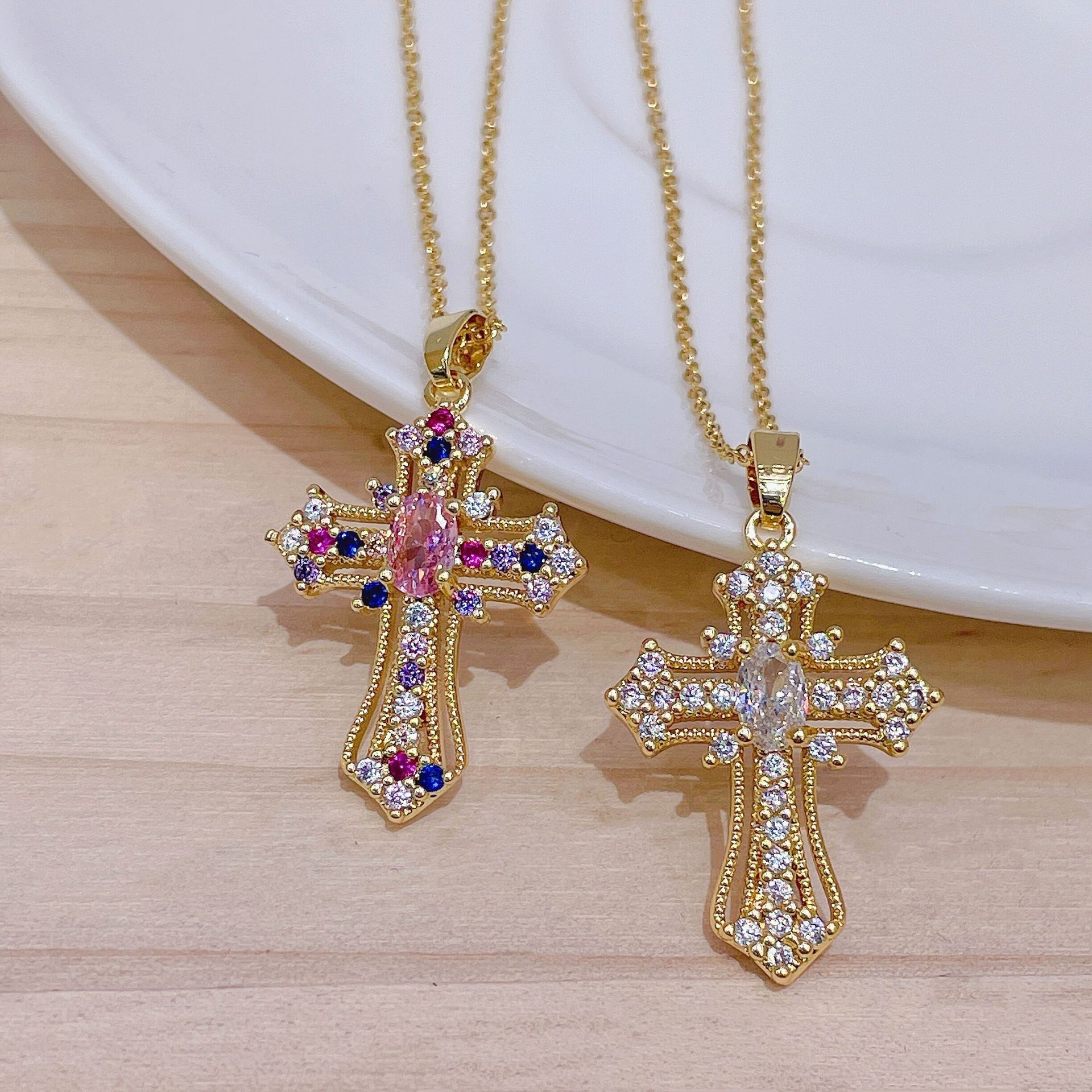 Men Women Hip Hop Zircon Cross Shiny Pendant Stainless Steel Necklace Charm Blin