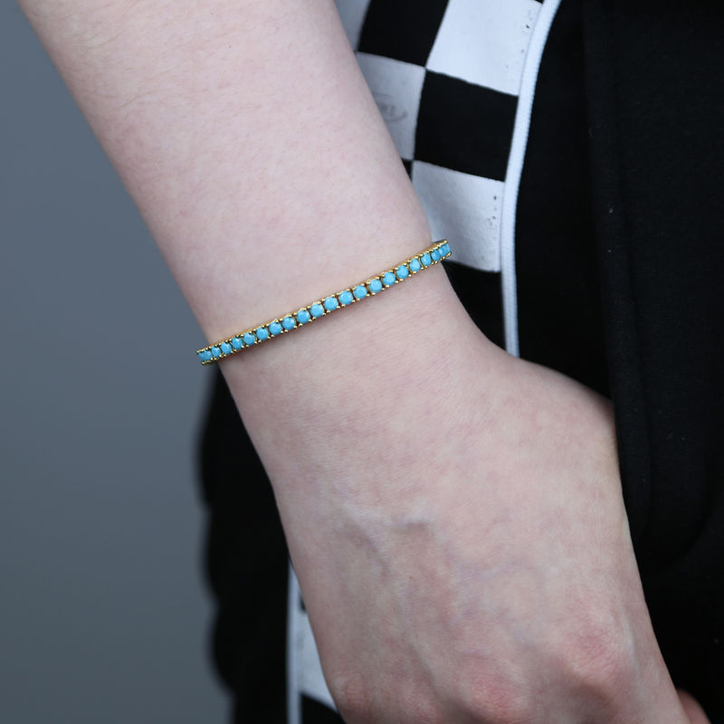 Thumbnail: 2025 New High Quality Gold Color Plated 3MM Turquoise Stone Paved Tennis Chain N