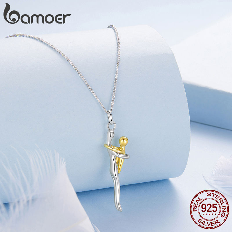 Thumbnail: BAMOER 925 Sterling Silver Two-tones Hug Necklace, Detachable Mother and Child P