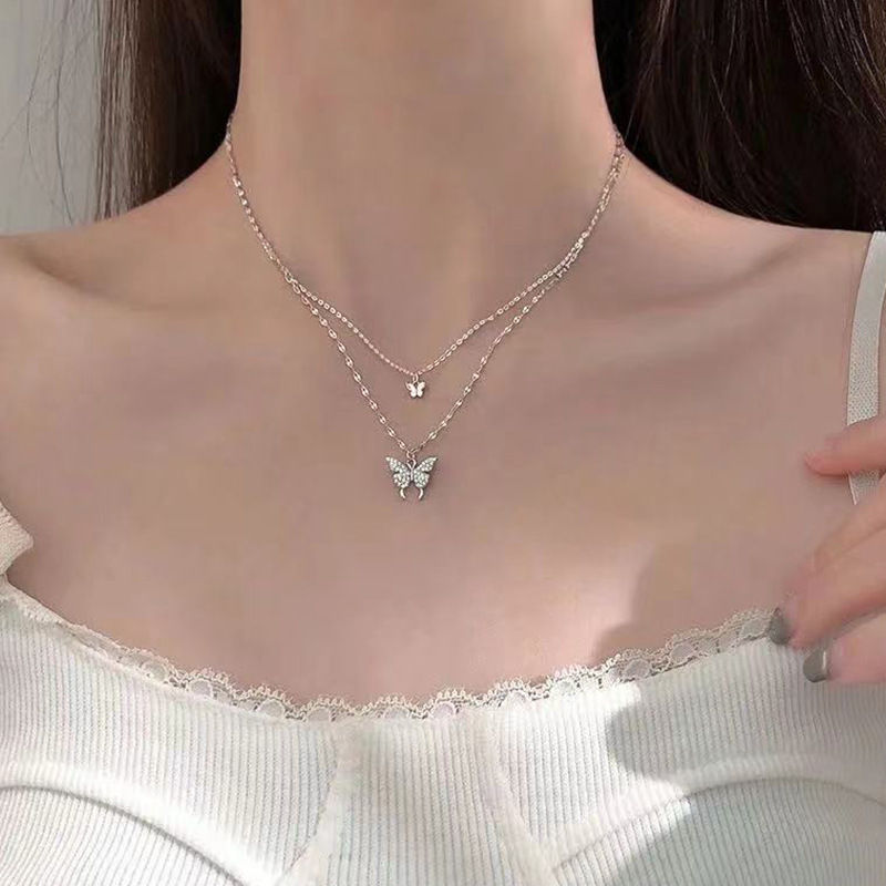 Thumbnail: LATS New Shiny Butterfly Necklace Ladies Exquisite Double Layer Clavicle Chain N