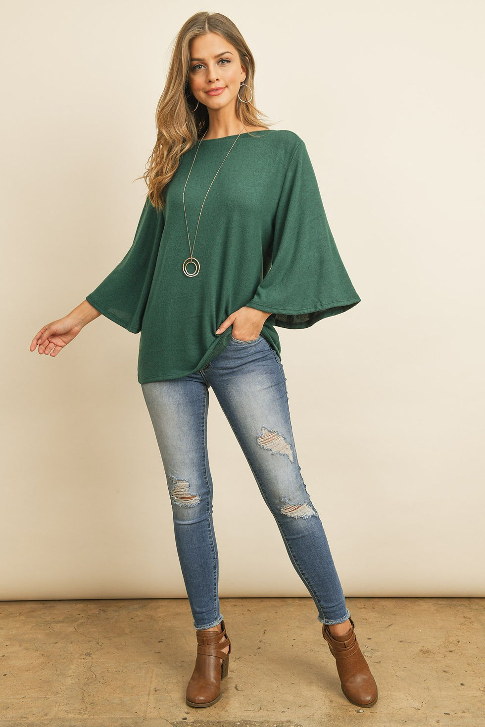 Thumbnail: Boat Neck Bell Sleeve Solid Hacci Brushed Shirt
