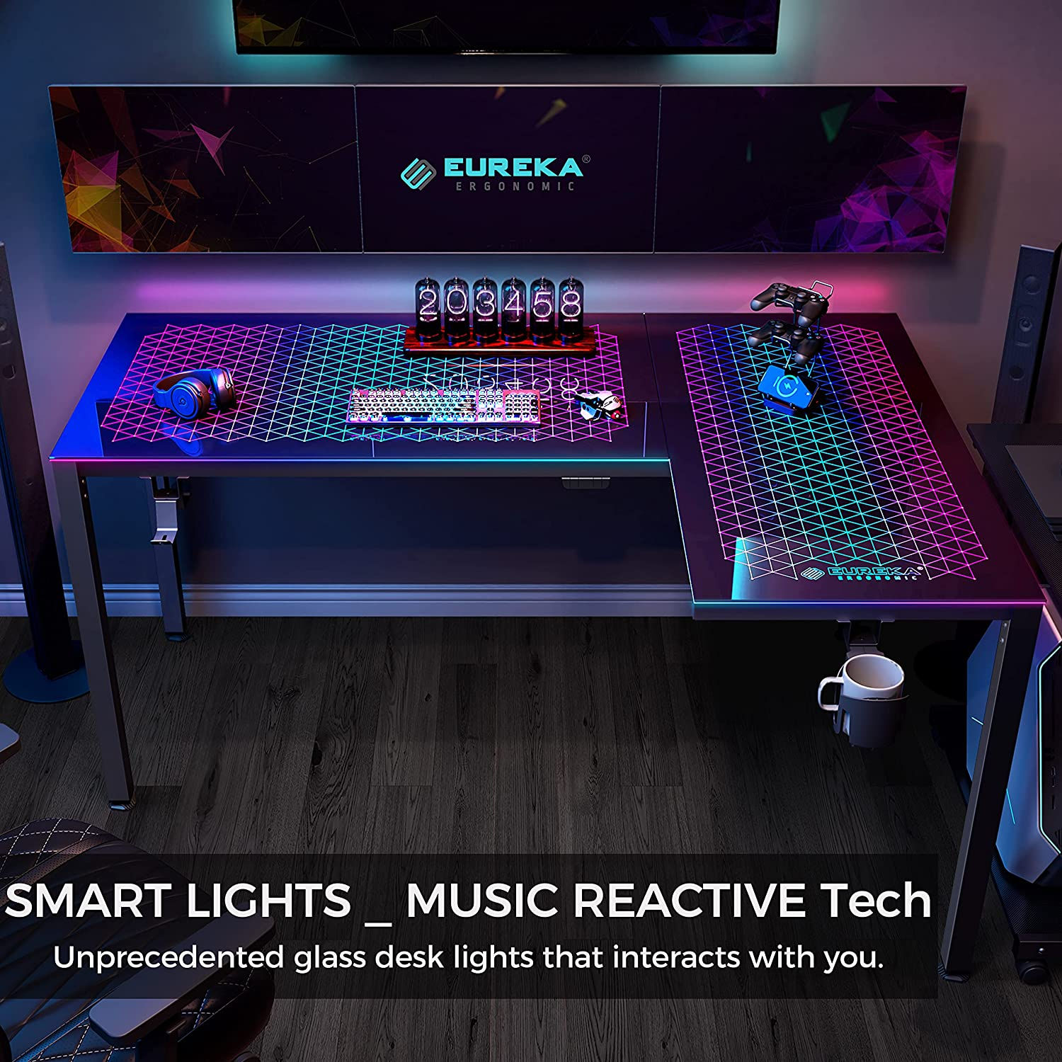 ERGONOMIC Music Sensing LED Lights Glass Gaming Desk